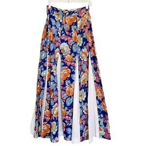 Vintage Floral Print Pleated Womens High Waist Maxi Skirt Boho Eyelet